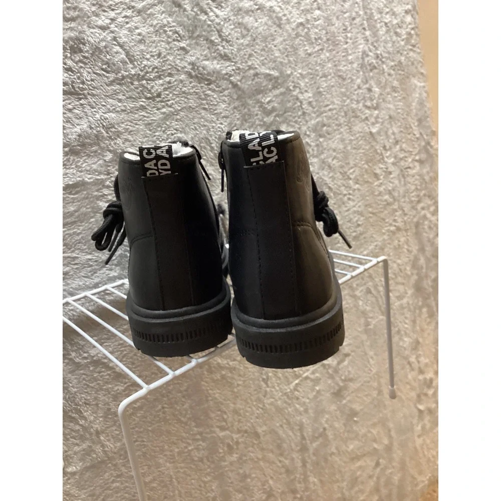 Kids Black‎ Lace Up Side Zip Faux Leather Winter Boots